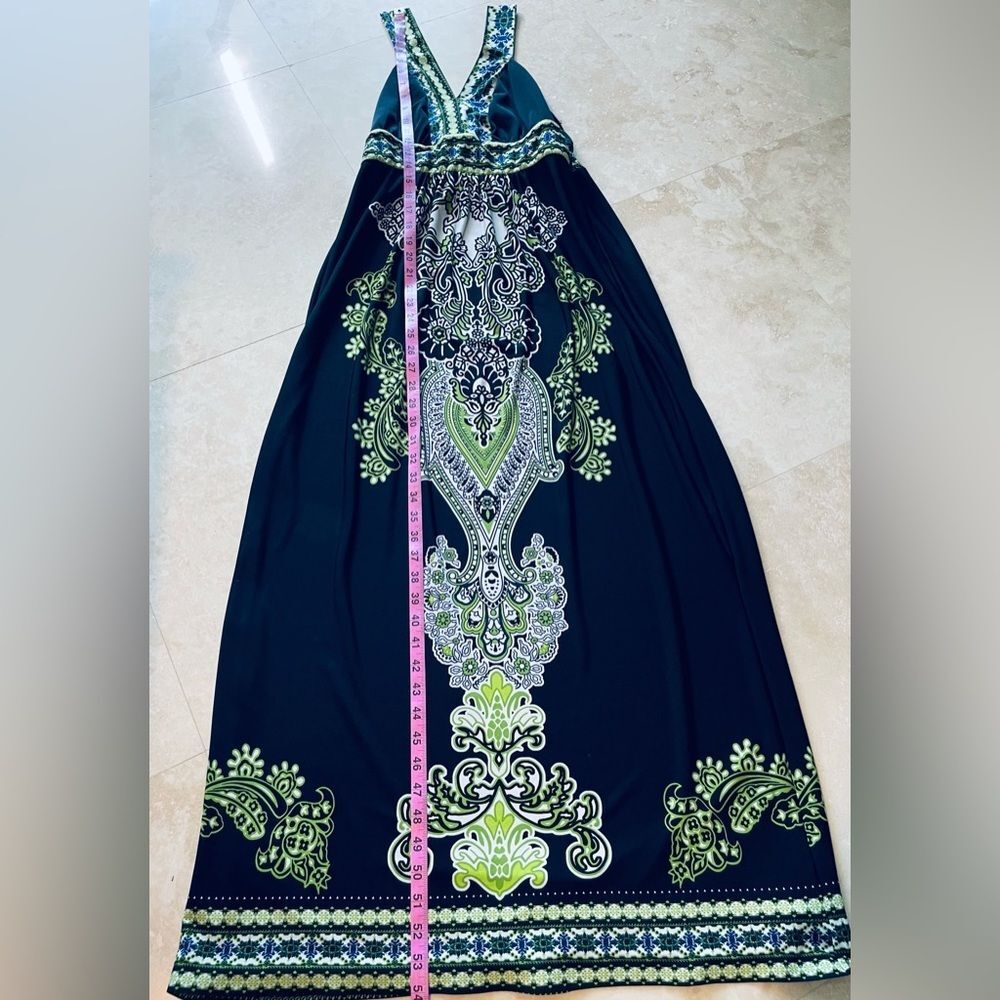 🌿 Boho V-Neck Maxi Dress – Black, Green & White Print – Size Small - Picture 6 of 7